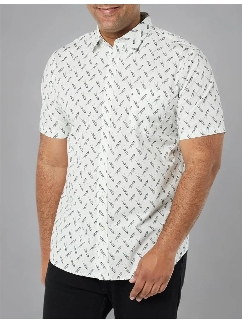 🚘 NWOT Amazon Essentials Cream Short-Sleeve BIRD Printed Button-Down Shirt SLIM